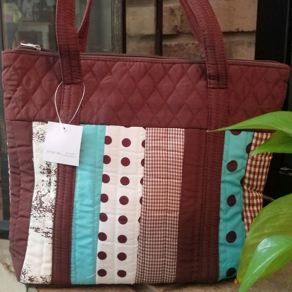 Brown teal polka dot gingham purse handbag zip